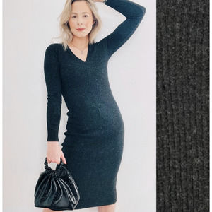 Zara Ribbed Knit V-Neck Long Sleeve Sweater Midi Dress Gray Women's Size Medium